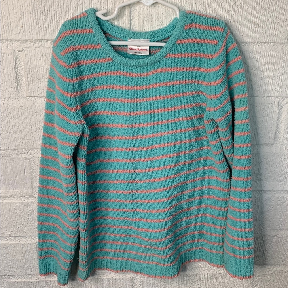 Hanna Andersson Teddy Fuzzy Girls Kids Teal and Pink Striped Sweater sz 10
